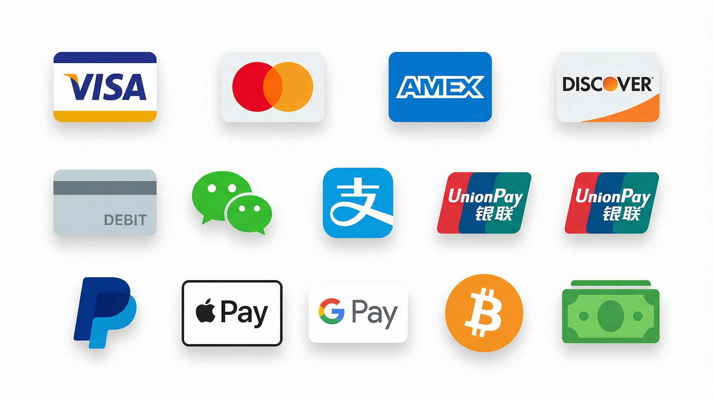 支持信用卡、借记卡、微信支付、支付宝等多种支付方式